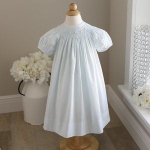 Smocked Dress Strasburg Aqua Blue Hand-Embroidery Size 18/24 Months 100% Cotton